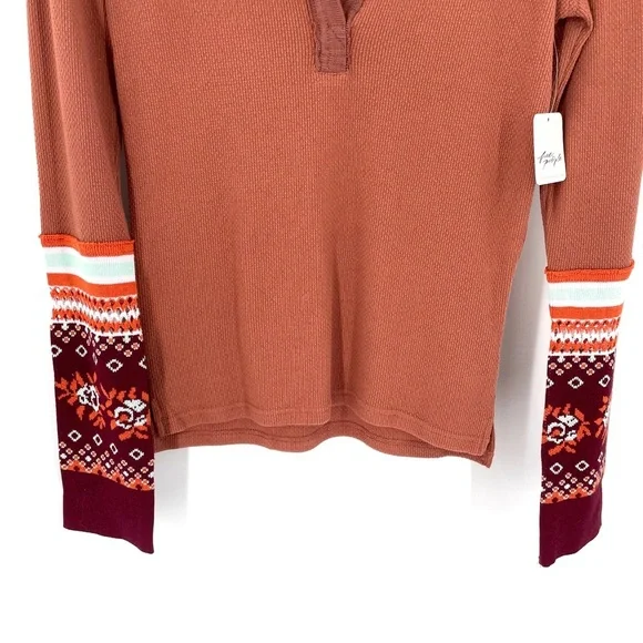 Free People Mikah Notch Neck Boho Long Sleeve Thermal Autumn Orange Printed Cuff - Picture 5 of 9